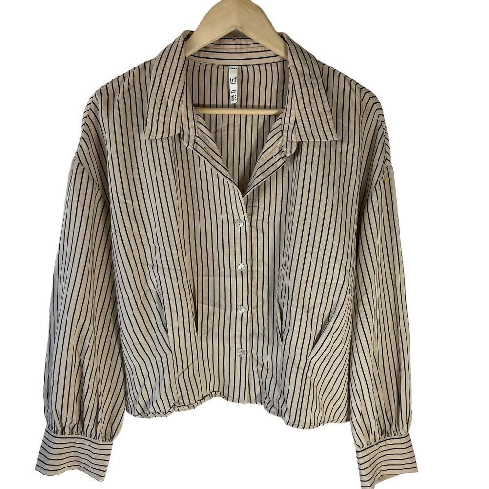 Zara TRF Cream/Black Fitted Button Down Blouse Sz XL